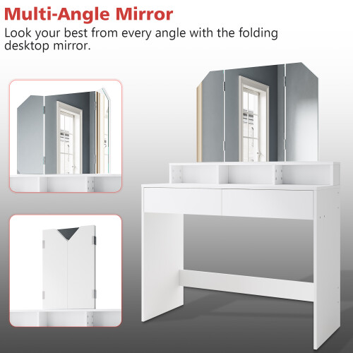 ELEGANT (Dressing Table Only) Elegant White Dressing Table with Tri-Fold Adjustable Mirror, Makeup Vanity Desk with Storage Compartments & Drawers 2