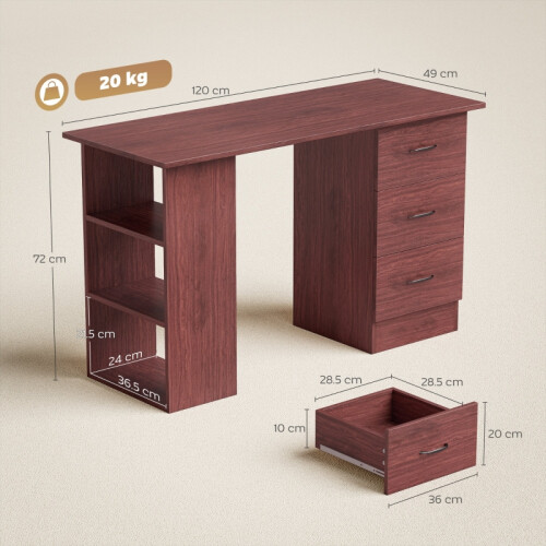 Computer Desk, Writing Table, PC Workstation with 3 Storage Shelves and Drawers, Handle, for Home Office, Walnut Brown 1