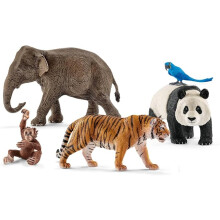 Schleich Wild Life - 5PC Wild Animal Toy Set - Jungle Safari Bundle with Panda, Macaw, Baby Orangutan, Elephant, and Tiger Figurine - Kids 3+ | 77588