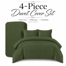(SUPER KING: (260 X 220)CM, OLIVE GREEN) 4 Piece Stripe Duvet Cover Complete Bedding Set With Pillowcases & Fitted Sheet 25cm UK