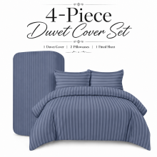 (KING: (230 X 220)CM, WASHED BLUE) 4 Piece Stripe Duvet Cover Complete Bedding Set With Pillowcases & Fitted Sheet 25cm UK