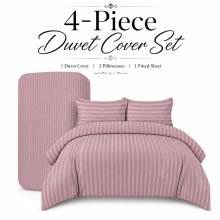 (Duvet Cover Set Super King Bed, Peach Stripe Duvet Cover Complete Set) Soft Duvet Cover Bedding Set 4PC Fitted Sheets UK