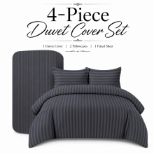(Duvet Cover Set Super King Bed, Grey Stripe Duvet Cover Complete Set) Soft Duvet Cover Bedding Set 4PC Fitted Sheets UK