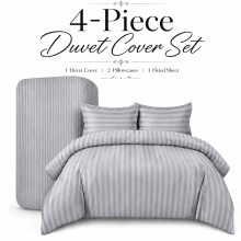 (Duvet Cover Set King Bed, Silver Stripe Duvet Cover Complete Set) Soft Duvet Cover Bedding Set 4PC Fitted Sheets UK