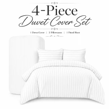 (Duvet Cover Set Double Bed, White Stripe Duvet Cover Complete Set) Soft Duvet Cover Bedding Set 4PC Fitted Sheets UK