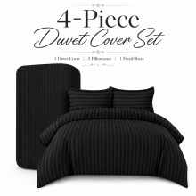 (DOUBLE: (200 X 200)CM, BLACK) 4 Piece Stripe Duvet Cover Complete Bedding Set With Pillowcases & Fitted Sheet 25cm UK