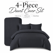 (SUPER KING: (260 X 220)CM, CHARCOAL) 4 Piece Stripe Duvet Cover Complete Bedding Set With Pillowcases & Fitted Sheet 25cm UK