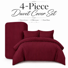 (SUPER KING: (260 X 220)CM, BURGUNDY) 4 Piece Stripe Duvet Cover Complete Bedding Set With Pillowcases & Fitted Sheet 25cm UK