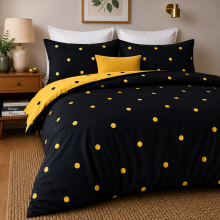 (Black & Yellow Dotted, Super King) Reversible Duvet Quilt Cover Bedding Set With Pillow Cases Single Double King