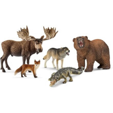 Schleich Wild Life - 5PC North American Animal Figurine Bundle - Realistic Moose, Wolf, Fox, Alligator, and Grizzly Bear Figures - Ages 3+ | 77417