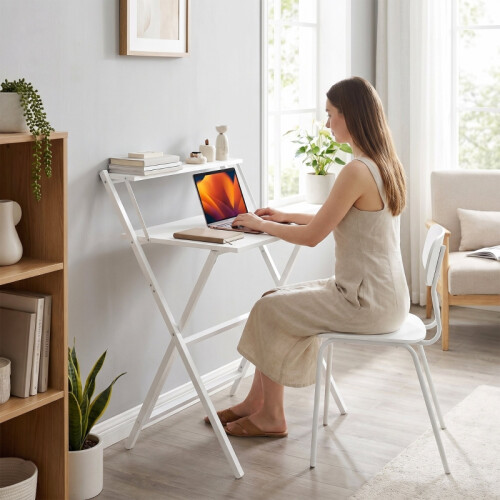 70 cm Folding Computer Desk with Monitor Shelf - White 2
