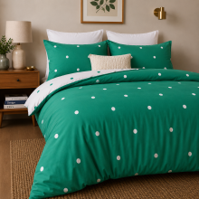 (Green & White Dotted, King) Reversible Duvet Quilt Cover Bedding Set With Pillow Cases Single Double King