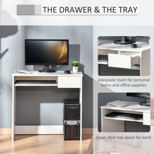 80cm Compact Computer Desk with Keyboard Tray, Home Office Desk with Drawer for Bedroom Study, White 1