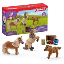 Schleich Horse Club - 8 PC Miniature Shetland Pony Family Playset - Mare, Stallion, and Baby Mini Horse Figurines and Accessories - Ages 5+ | 41432