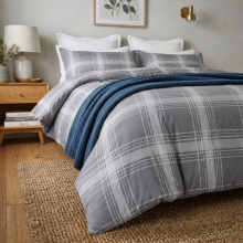 (Check-Grey, Super King) Reversible Duvet Quilt Cover Bedding Set With Pillow Cases Single Double King