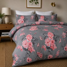 (Grey-Bouquet, Super King) Reversible Duvet Quilt Cover Bedding Set With Pillow Cases Single Double King