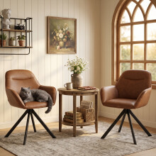 (Brown, Set of 2) Swivel Dining Chairs PU Leather - GOEURVANT