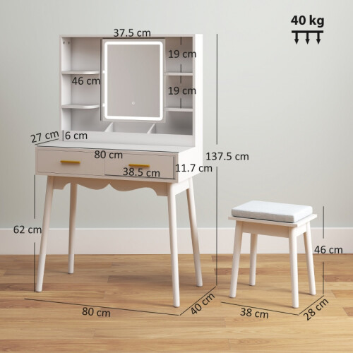 Elegant Dressing Table, with LED Mirror - White 1