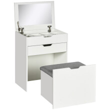 3 in 1 Dressing Table with Flip-top Mirror and Rolling Stool, Modern Vanity Desk with Visible Glass Tabletop, Drawers and Side Hook