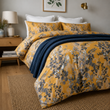 (Ocher-Blossom, Single) Reversible Duvet Quilt Cover Bedding Set With Pillow Cases Single Double King