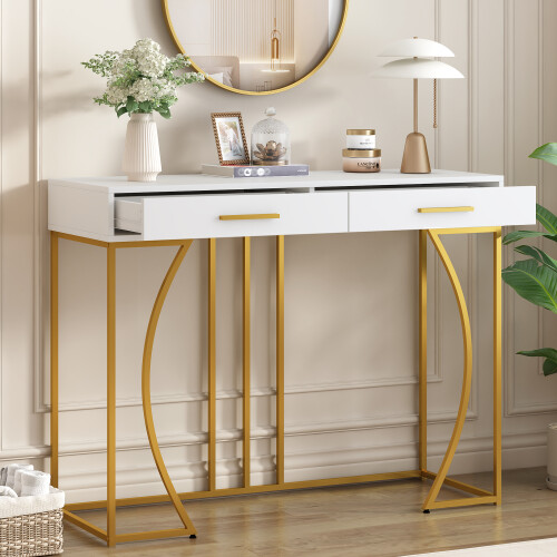 Console table, hallway table with 2 drawers, light luxury style side table, sofa table, 110x32x85 cm, white/gold