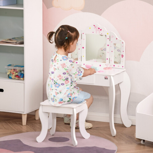 Kids Vanity Table and Chair Set，Table with Drawer 2