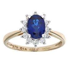 (O) Jewelco London 9ct Yellow Gold Round 1/4ct Diamond Oval 1.09ct Sapphire Classic Royal Oval Cluster Ring 10mm - PR1AXL0470YSA