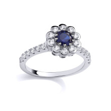 (Q) Jewelco London Rhodium Plated Sterling Silver Blue CZ Flower Petal Halo Royal Cluster Engagement Ring - GSR1039