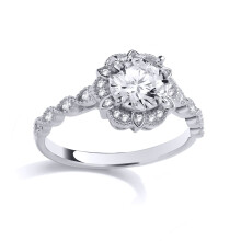 (N) Jewelco London Rhodium Plated Sterling Silver CZ Tudor Rose Flower Scalloped Halo Solitaire Engagement Ring - GSR1028
