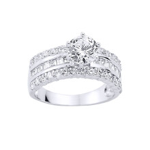 (N) Jewelco London Ladies Sterling Silver Baguette Cubic Zirconia Shoulder-Set 6 Claw Solitaire Engagement Ring - GVR377
