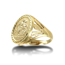(U) Jewelco London Men's Solid 9ct Gold Welsh Feather St George & Dragon Medallion Ring (Half Sov Size) - JRN174-H-SG