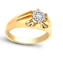 (O) Jewelco London Men's Solid 9ct Yellow Gold Gypsy Set Round H I2 0.2ct Diamond Gypsy Solitaire Ring 9mm - 9R525