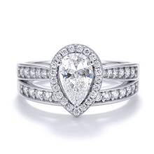 (L) Jewelco London Ladies Solid 9ct White Gold Pear Cubic Zirconia Wed-fit Halo & Half Eternity Travel Bridal Rings Set - JRN606+610
