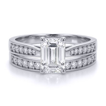 (Q) Jewelco London Ladies Solid 9ct White Gold Emerald Cut CZ Wed-fit Engagement & Half Eternity Travel Bridal Rings Set - JRN602+610
