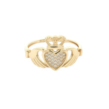 (S) Jewelco London Ladies Solid 9ct Yellow Gold CZ Hands Holding Crowned Heart Claddagh (Chladaigh) Signet Ring - JRN612
