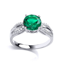 (L) Jewelco London Ladies Sterling Silver Emerald-Green Cubic Zirconia Shoulder Set Solitaire Engagement Ring - GVR790EM