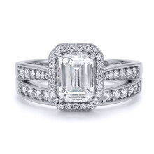 (N) Jewelco London Ladies Solid 9ct White Gold Emerald Cut CZ Wed-fit Halo & Half Eternity Travel Bridal Rings Set - JRN608+610