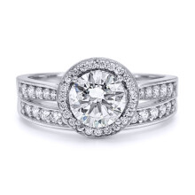 (N) Jewelco London Ladies Solid 9ct White Gold Round Brilliant CZ Wed-fit Halo & Half Eternity Travel Bridal Rings Set - JRN604+610