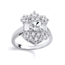 (R) Jewelco London Rhodium Plated Silver Princess, Pear & Baguette CZ Mystic Icy Fiery Art Deco Shield Cocktail Ring - GSR1092