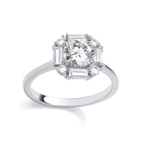 (O) Jewelco London Rhodium Plated Sterling Silver Baguette CZ Art Deco Cushion Cluster Solitaire Solitaire Ring - GSR1095