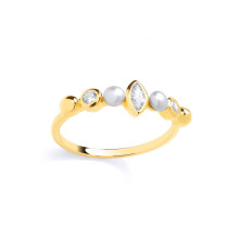 (O) Jewelco London Yellow Gold-Plated Sterling Silver Marquise Pearl & CZ Golden Bezel Halo Bubble Eternity Ring - GSR1079