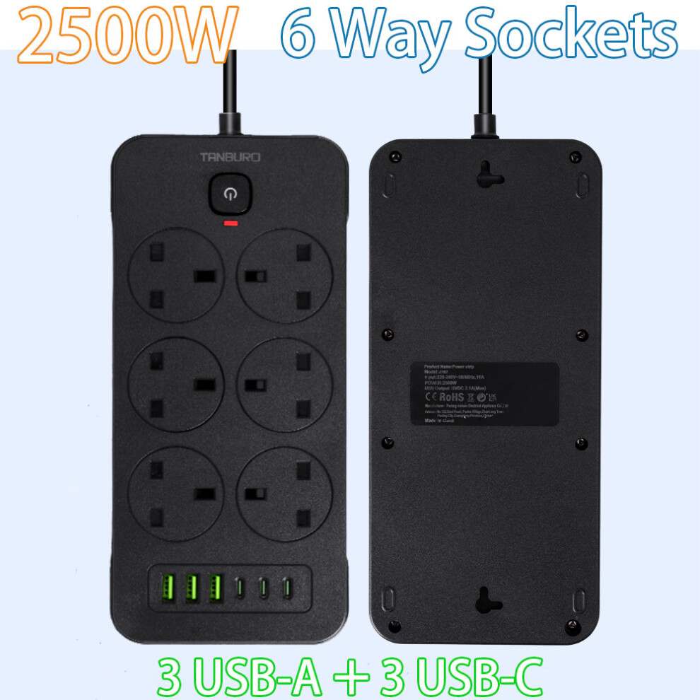 Photos - Other for Computer 6 Way Extension Lead with USB Surge Protector 3 USB C 3 USB Port Power Strips 2m