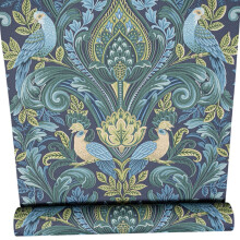 Navy Tropical Bird Wallpaper Green Floral Leaf Textured Slightly Imperfect Vinyl