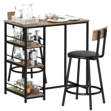 3 Piece Bar Table Set with 2 Chairs Storage Shelves Black