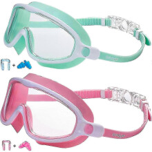 (Light Green Pink) Kids Swim Goggles 2 Pack Anti-Fog UV Protection Wide View Ages 3-14