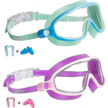 (Lightgreen Purple) Kids Swim Goggles 2 Pack Anti-Fog UV Protection Wide View Ages 3-14
