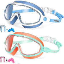 (Blue White Orange Green) Kids Swim Goggles 2 Pack Anti-Fog UV Protection Wide View Ages 3-14