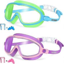 (Pink Green Blue) Kids Swim Goggles 2 Pack Anti-Fog UV Protection Wide View Ages 3-14