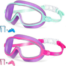 (Pink Purple Green Purple) Kids Swim Goggles 2 Pack Anti-Fog UV Protection Wide View Ages 3-14
