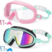 (Pink Mirrored Blue) Kids Swim Goggles 2 Pack Anti-Fog UV Protection Wide View Ages 3-14